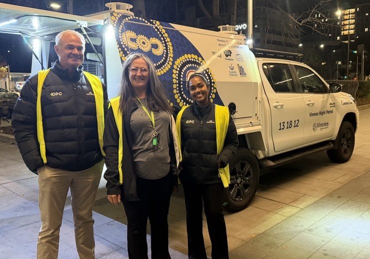 OPC CEO Clinton Henderson with Vinnies Night Patrol Team Leader Di Brookes and OPC Account Manager Mayuka Gunaratne on their volunteering night.